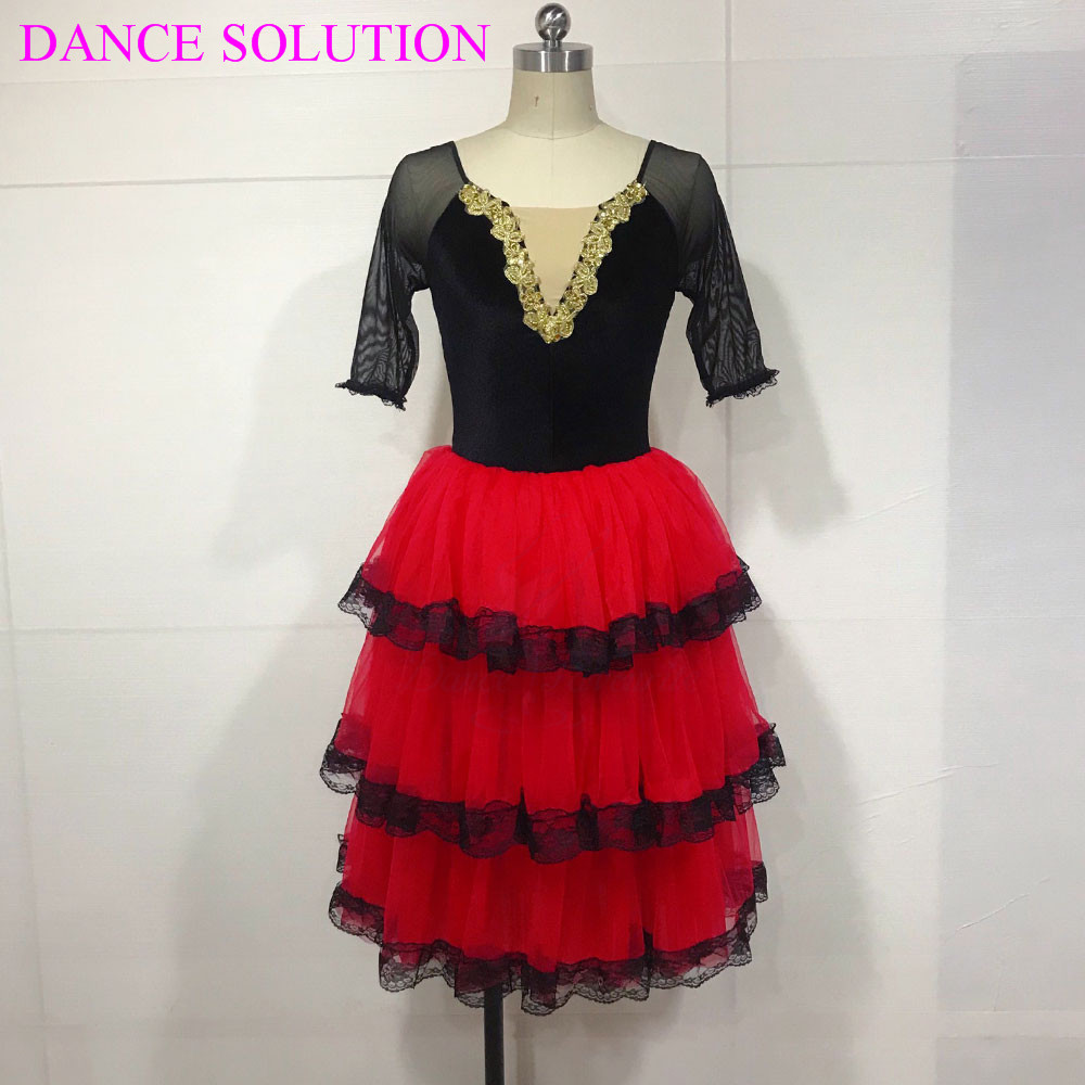 3 티어드 로맨틱 투투 스커트 레이스 소녀 여성 발레리나 댄스 의상 스페인어 드레스 중간 소매 긴 발레 투투 19505